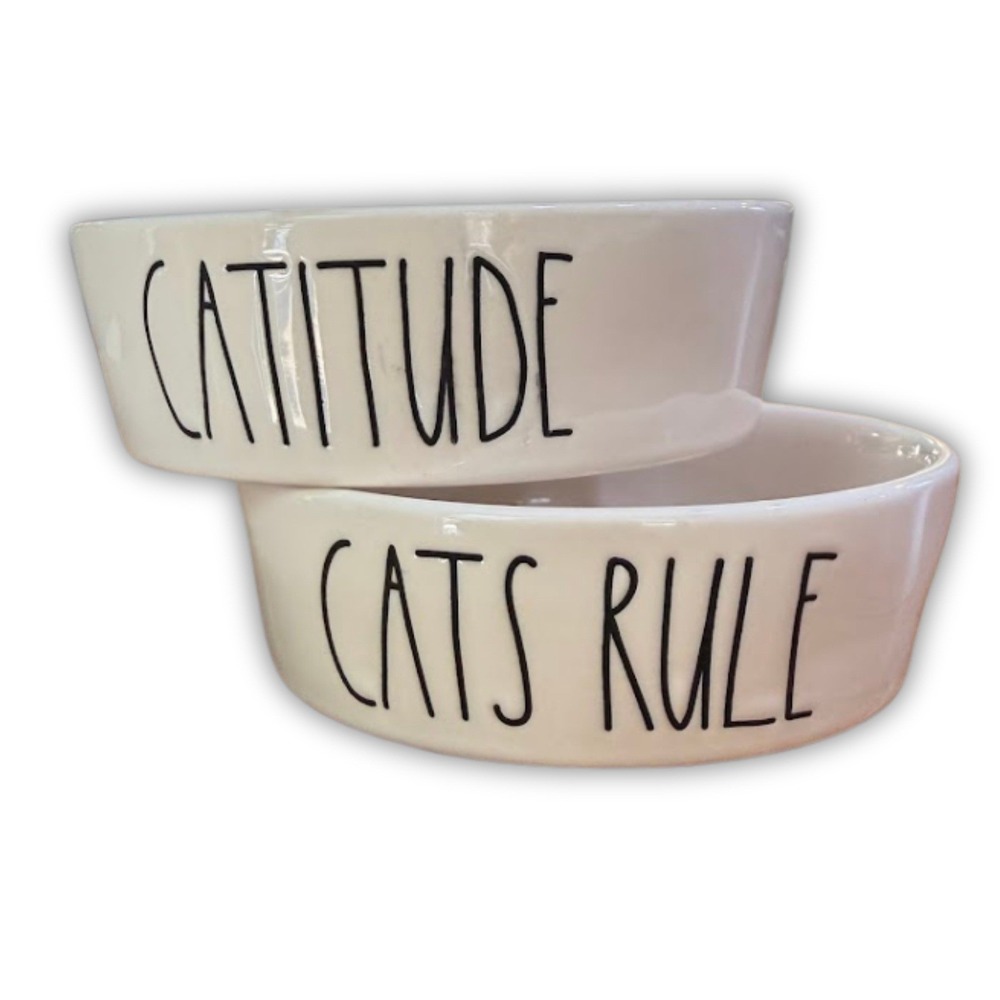 Rae Dunn Cat Bowls Set 2 Catitude Cats Rule White Ceramic Pet Food Dishes Bowl